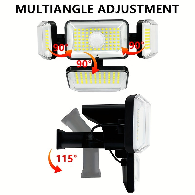 Solar-Powered Motion Sensor Light with Remote Control 288 LED 4-Head Security Floodlight 300° Wide Angle for Garden Yard Pathway Garage Street