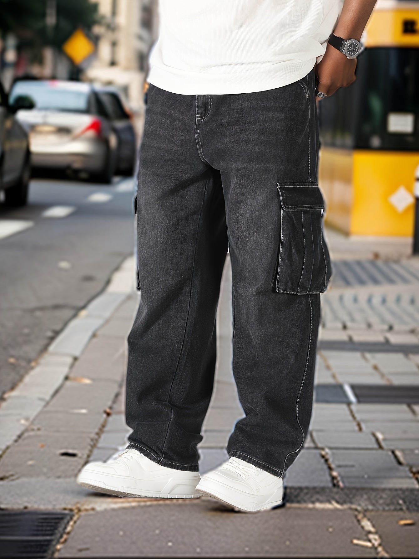 Plus Size Cargo Jeans for Men Loose Fit Straight Leg Non-Stretch Denim Casual Pants