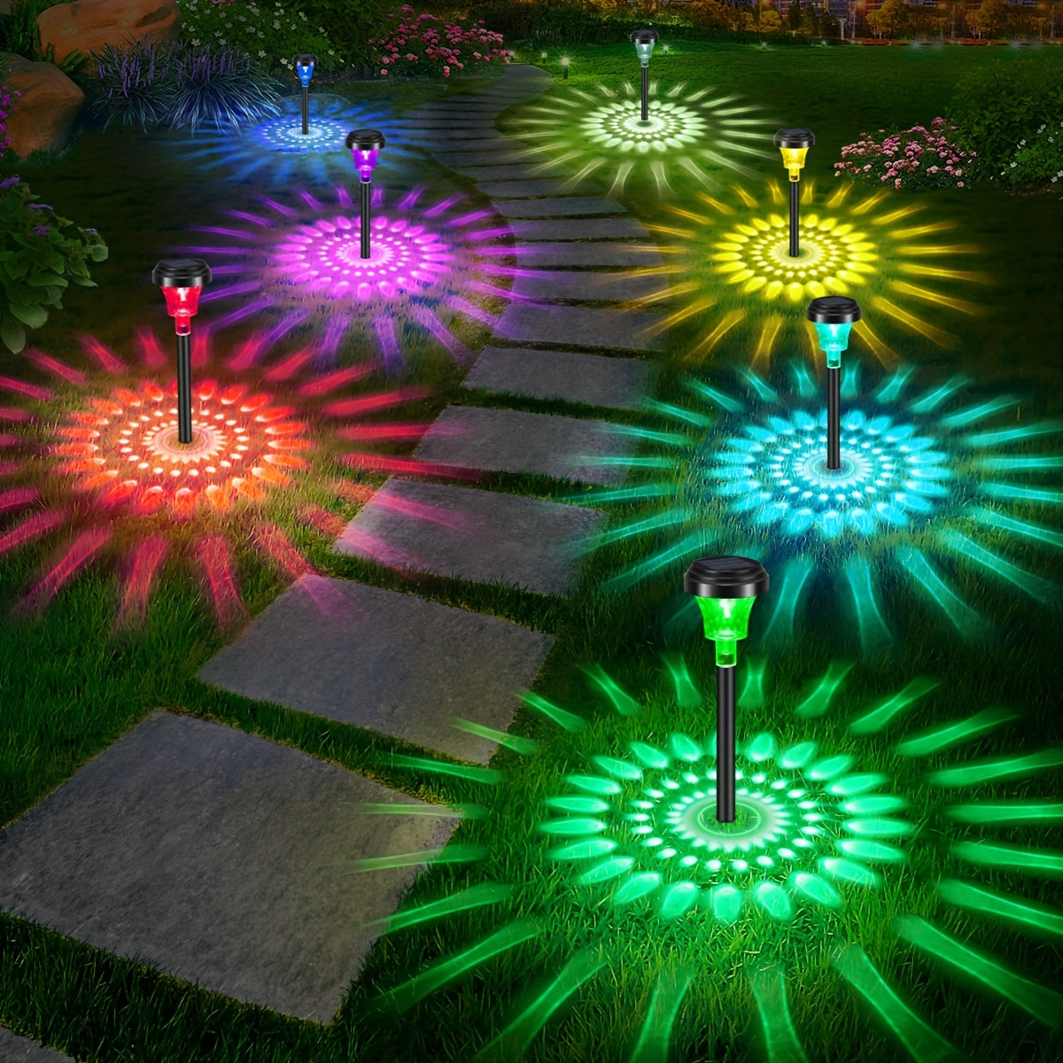 Solar Garden Lights Sets of 2 6 8 10 RGB Warm LED Pathway Outdoor Decor