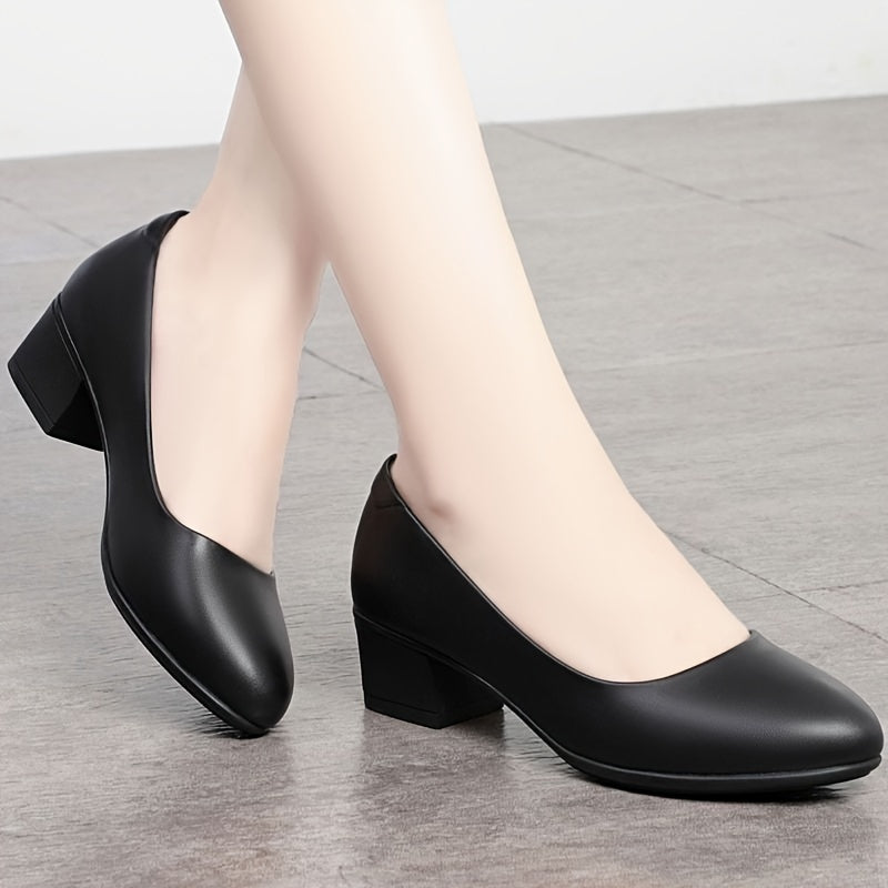 Women's Black Pointed Toe Pumps with Mid Block Heel for Office and Daily Wear