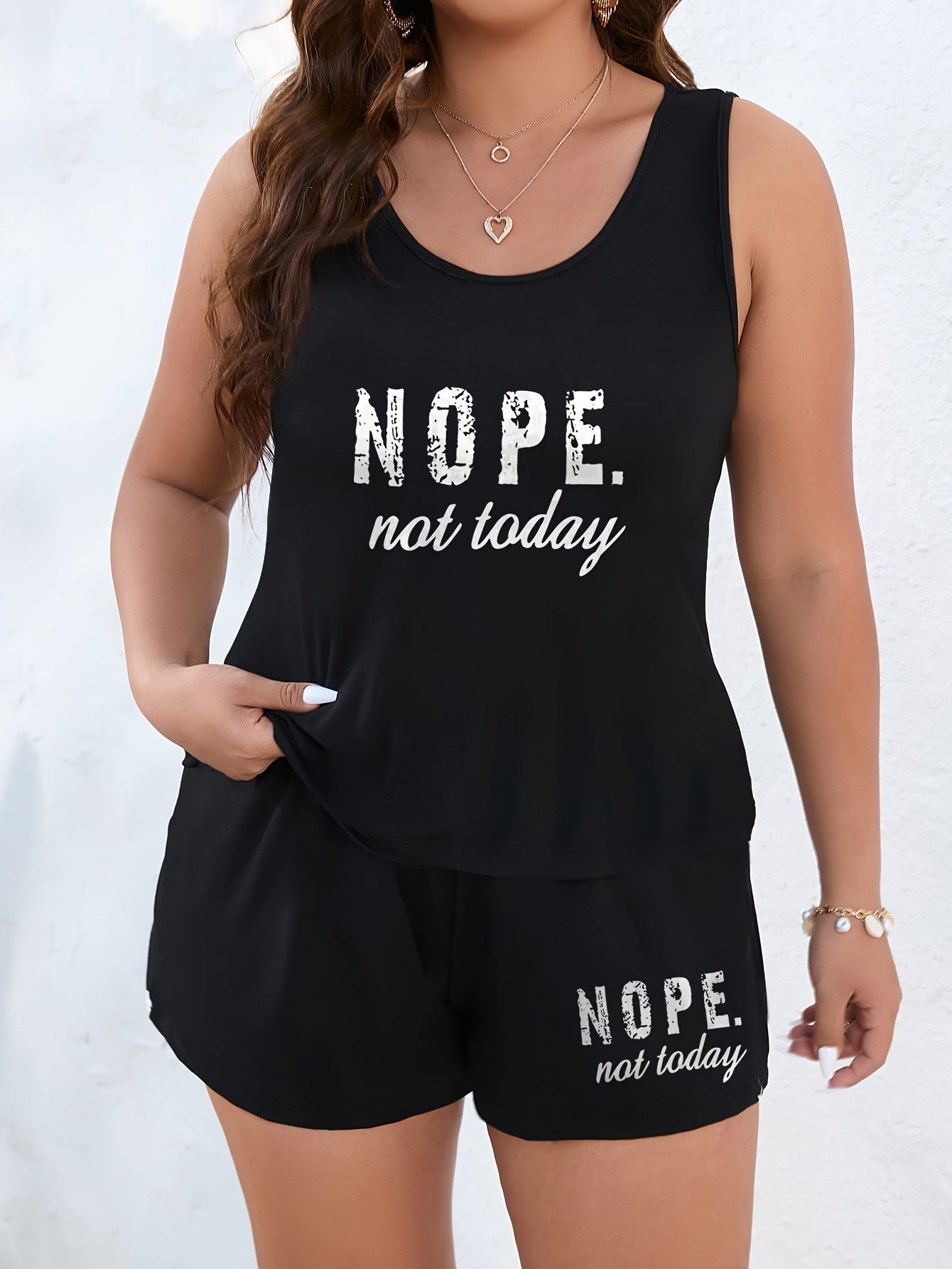 Plus Size Women's Loungewear Pajama Set with Letter Print Tank Top and Shorts