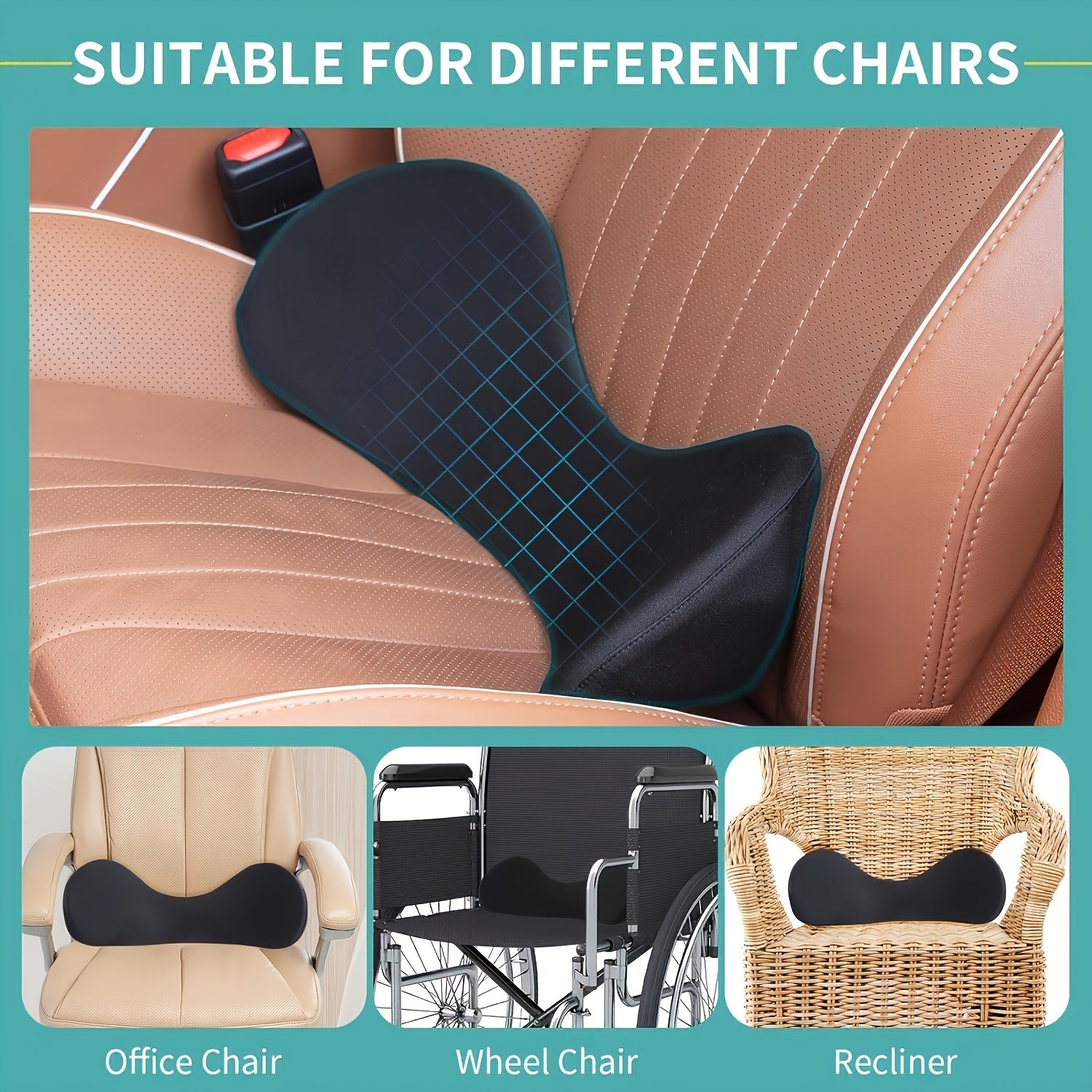 Memory Foam Car Seat Cushion Black Lumbar Pillow Office Chair Wheelchair