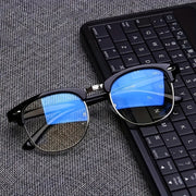 Gafas unisex de medio armazón negro con bloqueo de luz azul toque dorado retro