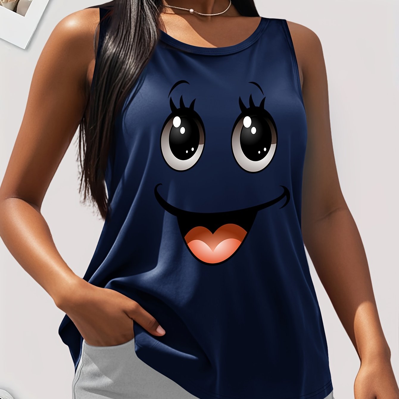 Plus Size Women's Cotton Tank Top With Smile Face Print Sleeveless Casual Summer Fashion