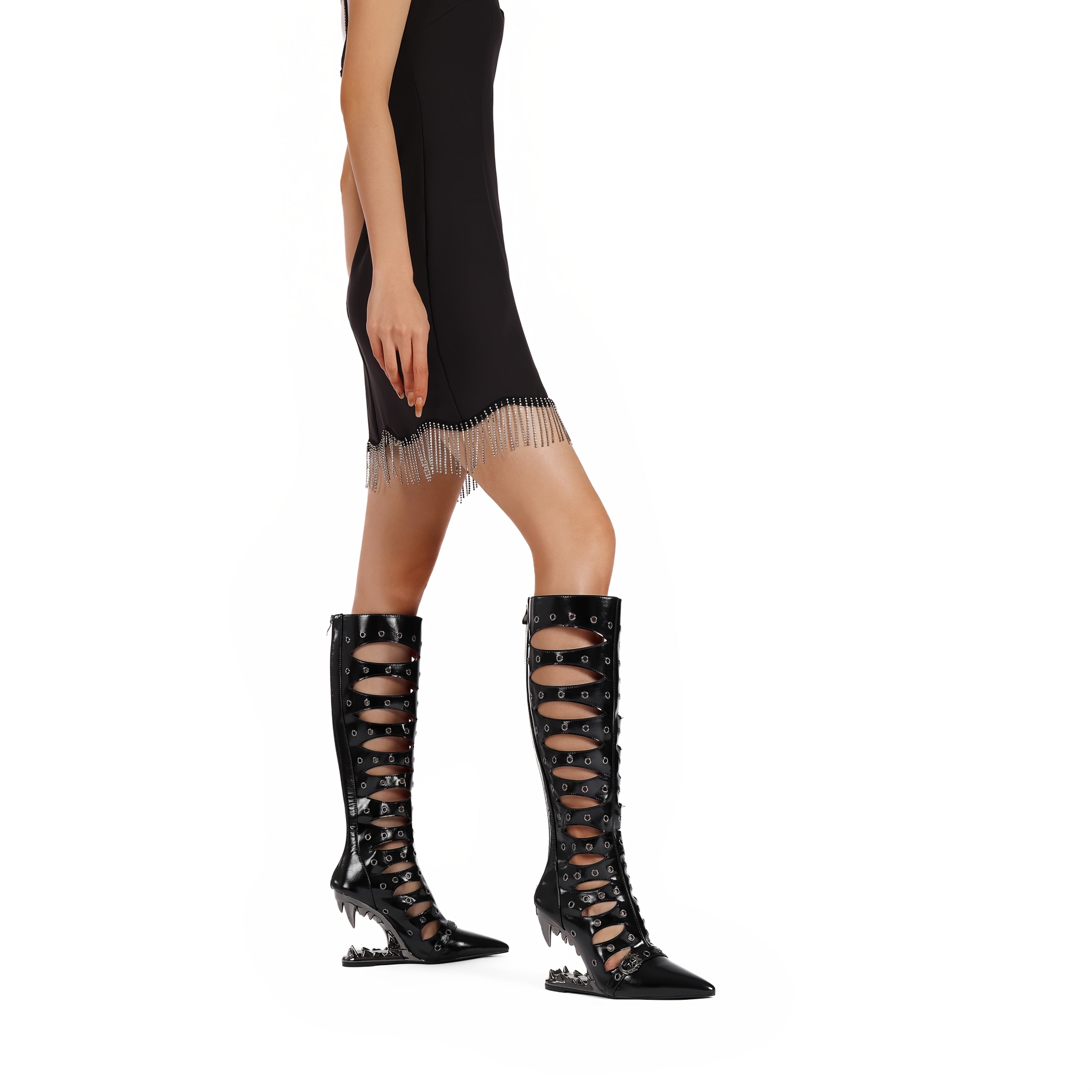 Women Hollow-Out Knee-High Leather Boots with Zipper and Pointed Toe