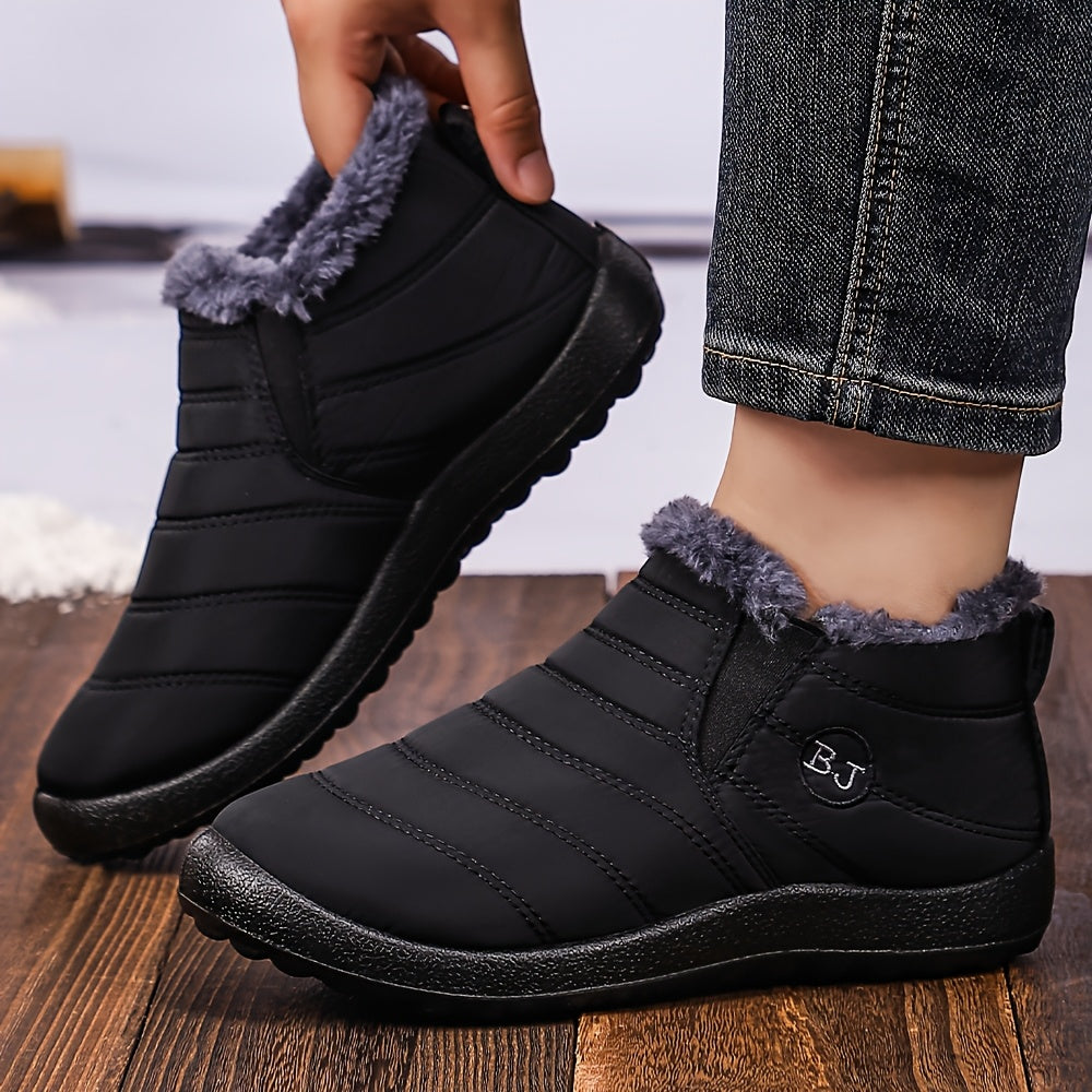 Women's Slip-On Ankle Boots Black Soft Fabric Plush Lining Comfortable Flat