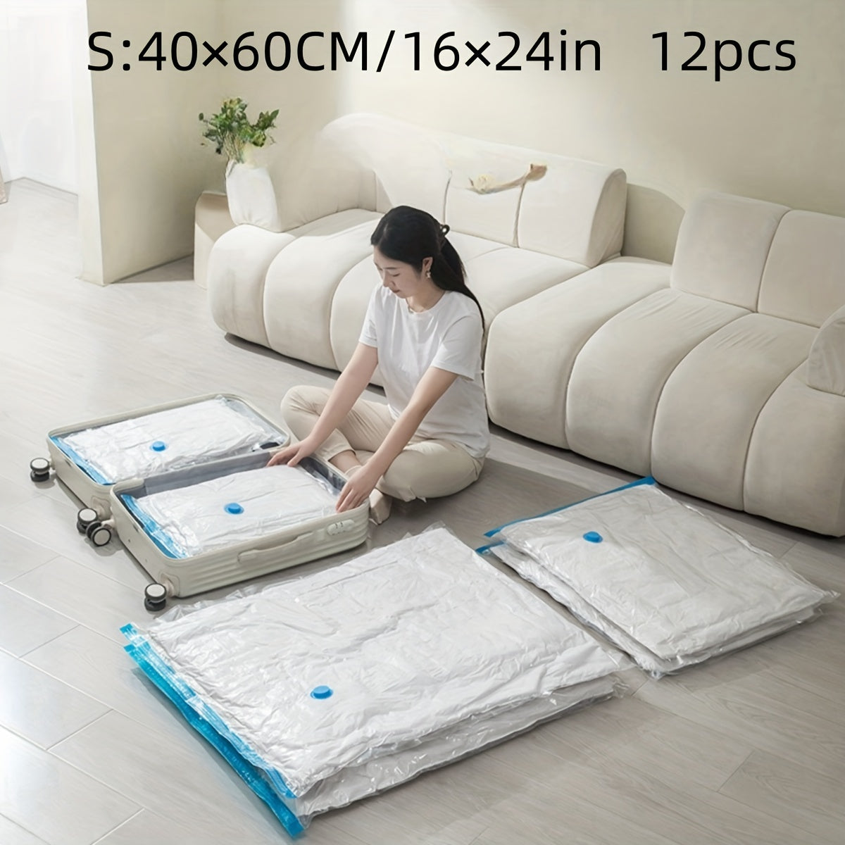 Set of 12 Space-Saving Vacuum Storage Bags for Clothing and Pillows with Plastic Seals