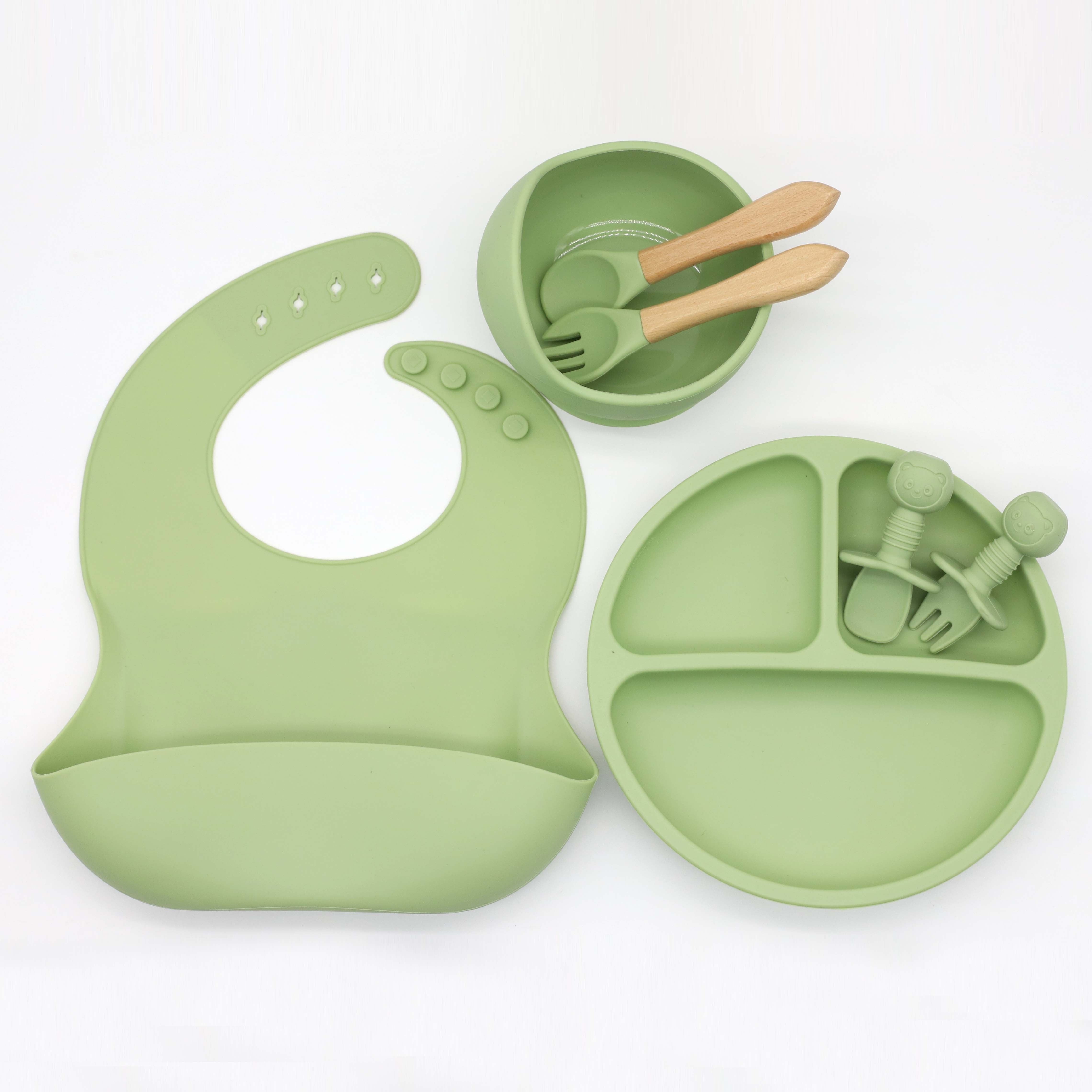 7-Piece Silicone Baby Utensils Set with Bowl Plate and Wooden Handle Spoons Forks Green