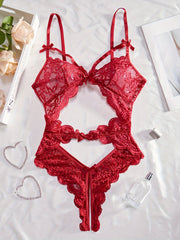 Women's Lace Teddy Bodysuit with Open Back and Strappy Thong