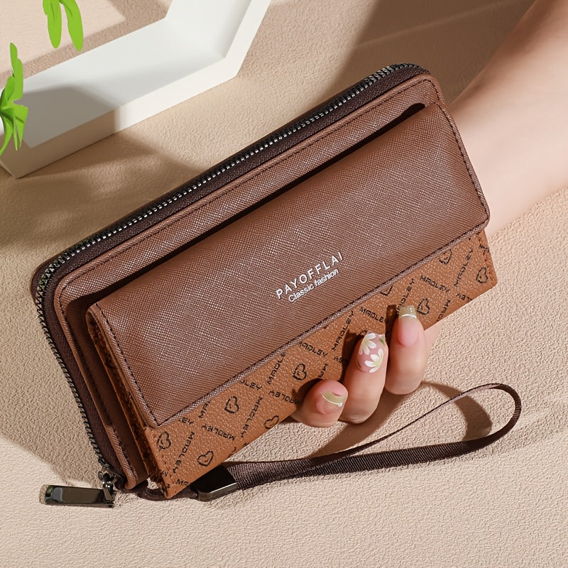 Vintage Women's Faux Leather Wallet with Wristlet Dual-Clasp Closure Zipper Card Slots Photo Pocket