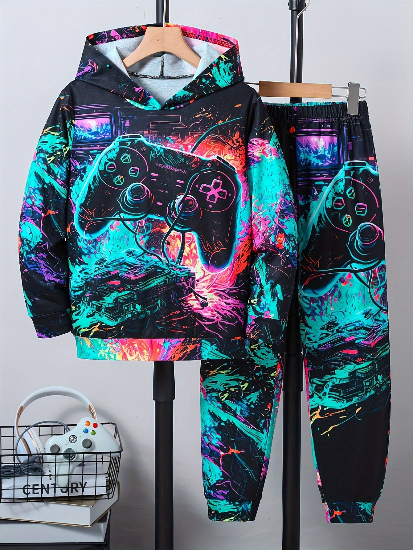 Big Boys Autumn Game Console Print Hoodie and Sweatpants Set Polyester Casual