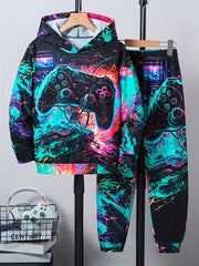 Big Boys Autumn Game Console Print Hoodie and Sweatpants Set Polyester Casual