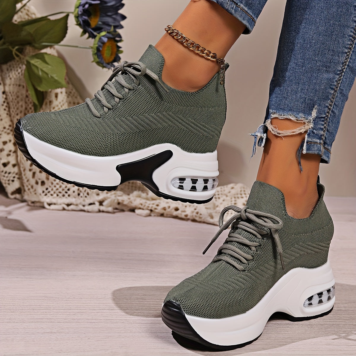 Women's Solid Color Knitted Sneakers, Lace-Up Platform Walking Shoes