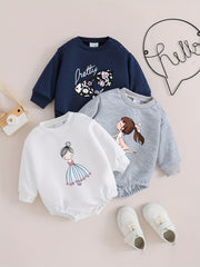 Комплект для девочки-новорожденной 3 предмета с цветочным бантом и принтом принцессы, весна-осень, повседневный, с длинным рукавом