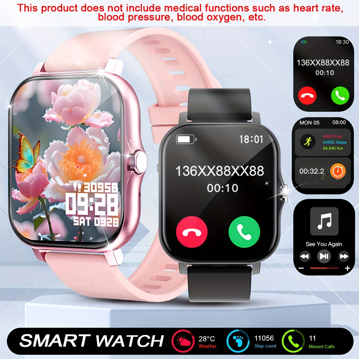 Pink Smartwatch with 4.65cm HD Display Wireless 5.0 Fitness Tracker with Call Music Control