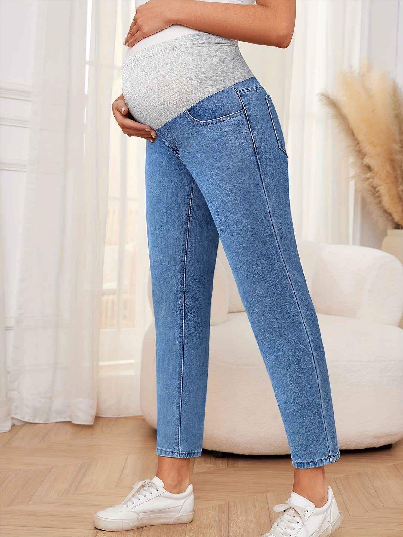 Maternity Jeans Washed Denim Straight Leg Loose Fit Solid Color All-Season