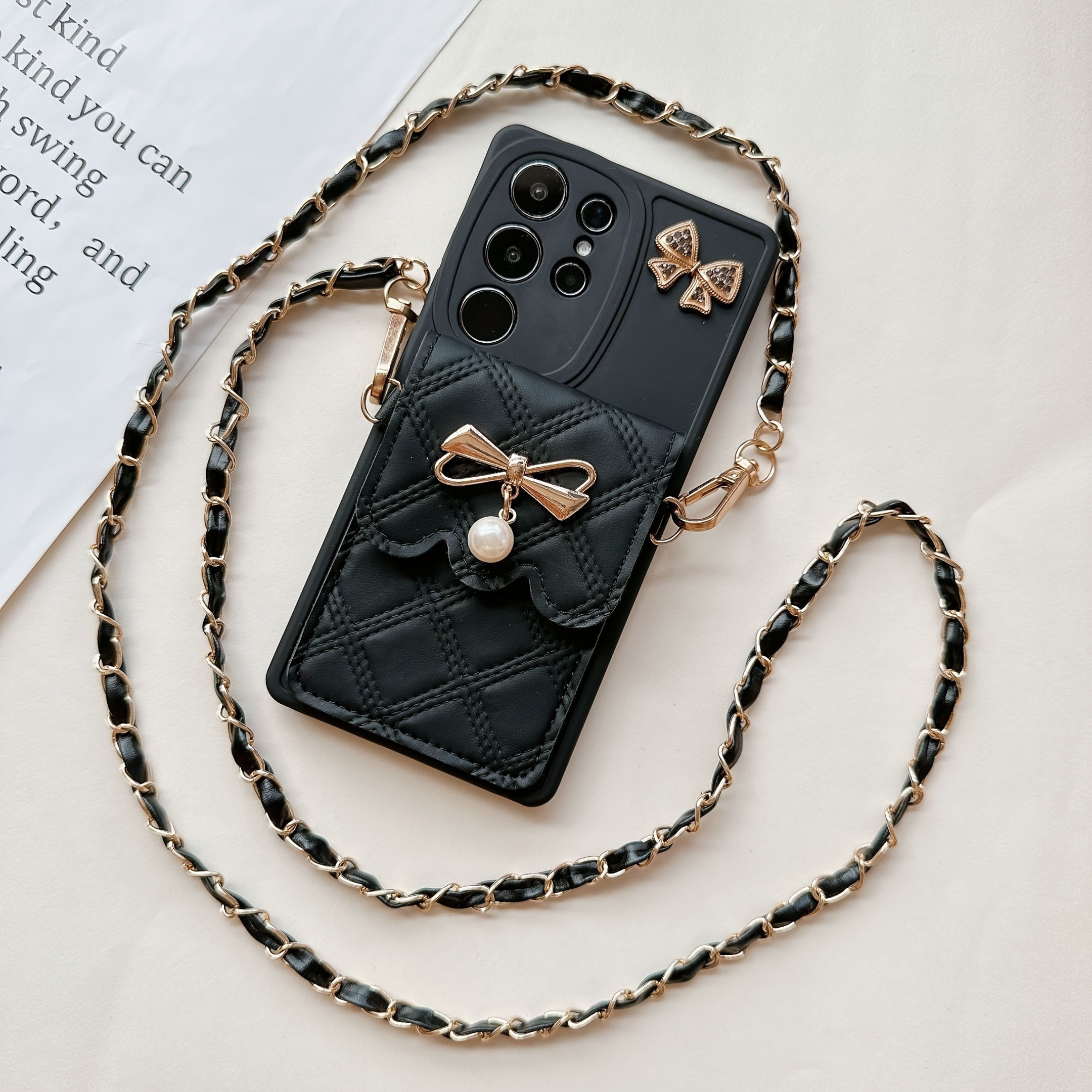 Pearl Bowknot Diamond Phone Case for Samsung Galaxy with Lanyard Full Cover Protection