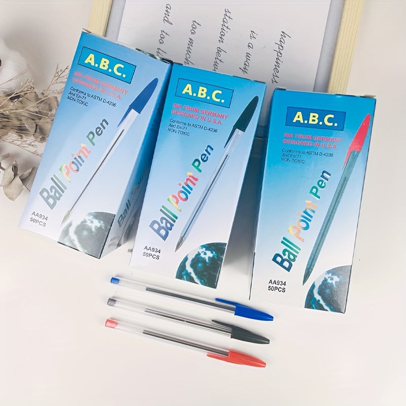 50 прозрачных круглых шариковых ручек с черной чернилами, быстро сохнущие, офисный школьный набор