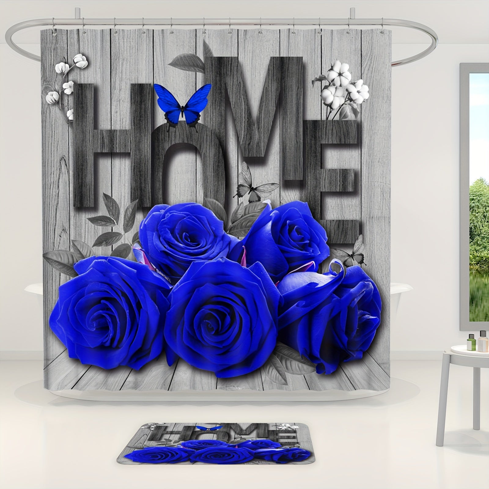 Romantic Rose and Butterfly Polyester Bathroom Set with Shower Curtain Non-Slip Mats Rug and Toilet Lid Cover