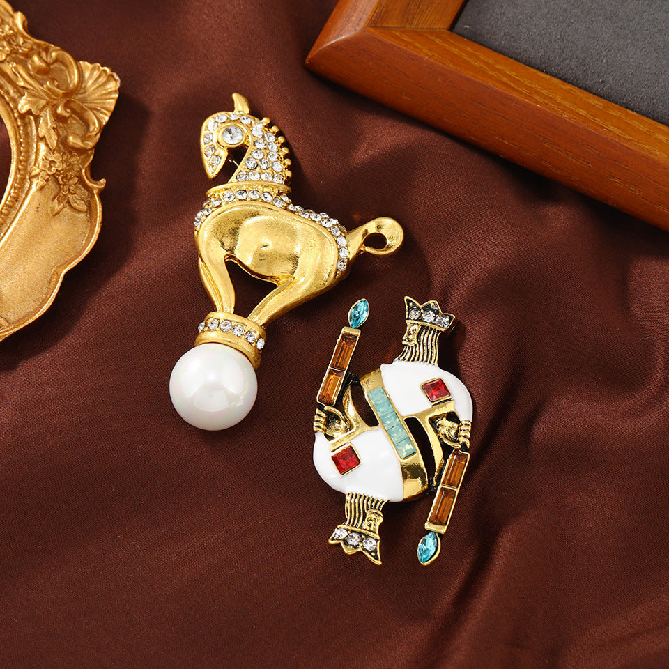 Vintage Enamel Chess Horse Brooch for Collars and Jackets