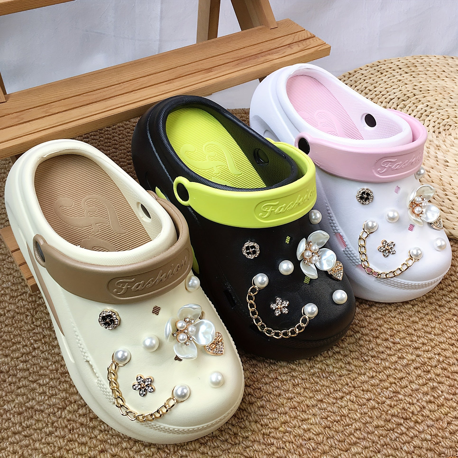 Women's Faux Pearl Chain Sandals Summer Beach EVA Slide Shoes