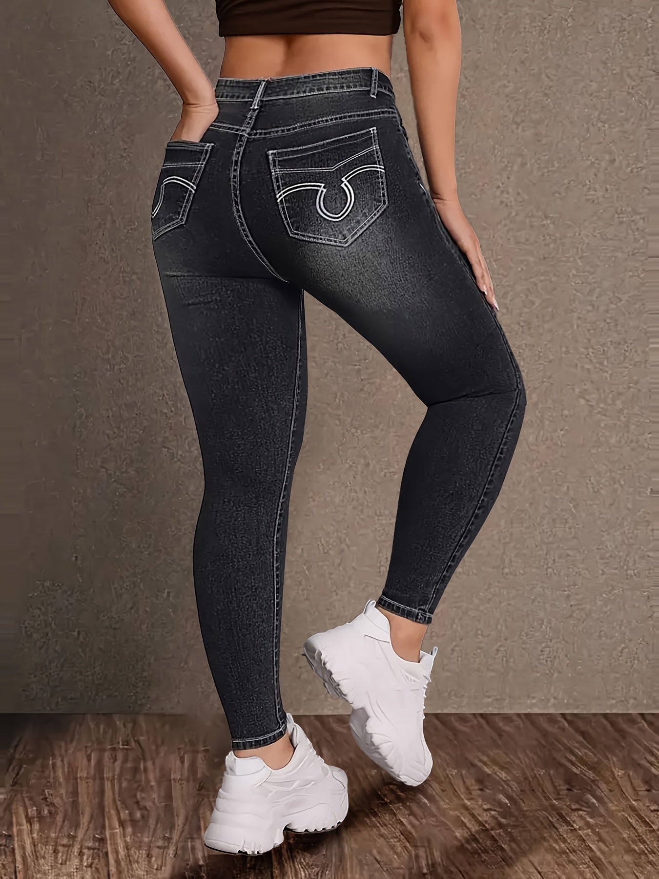 Plus Size Women Black Geometric Embroidered Stretch Denim Pants