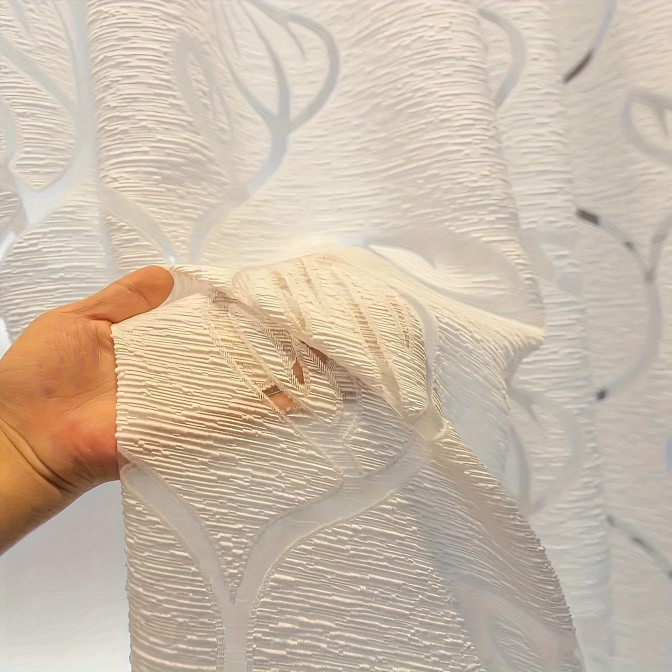 White Sheer Curtain with Leaf Design, Bark Texture Fabric, Rod Pocket Top