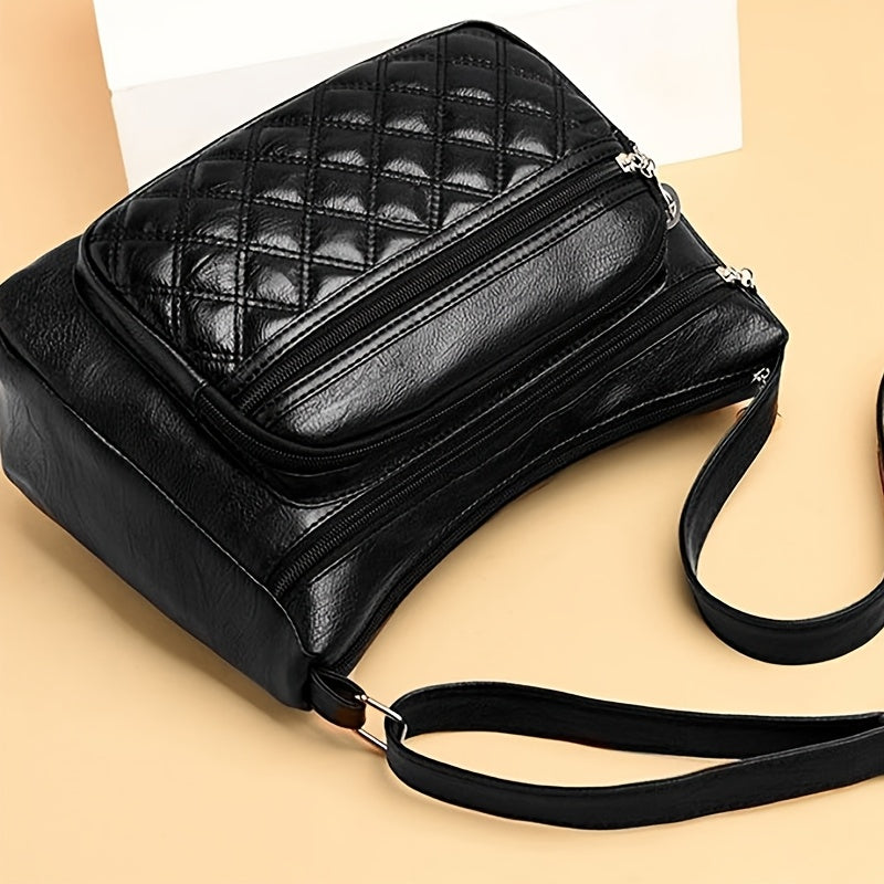 Women's Quilted Multi-Layer Shoulder Bag with Adjustable Strap and Zippered Compartments