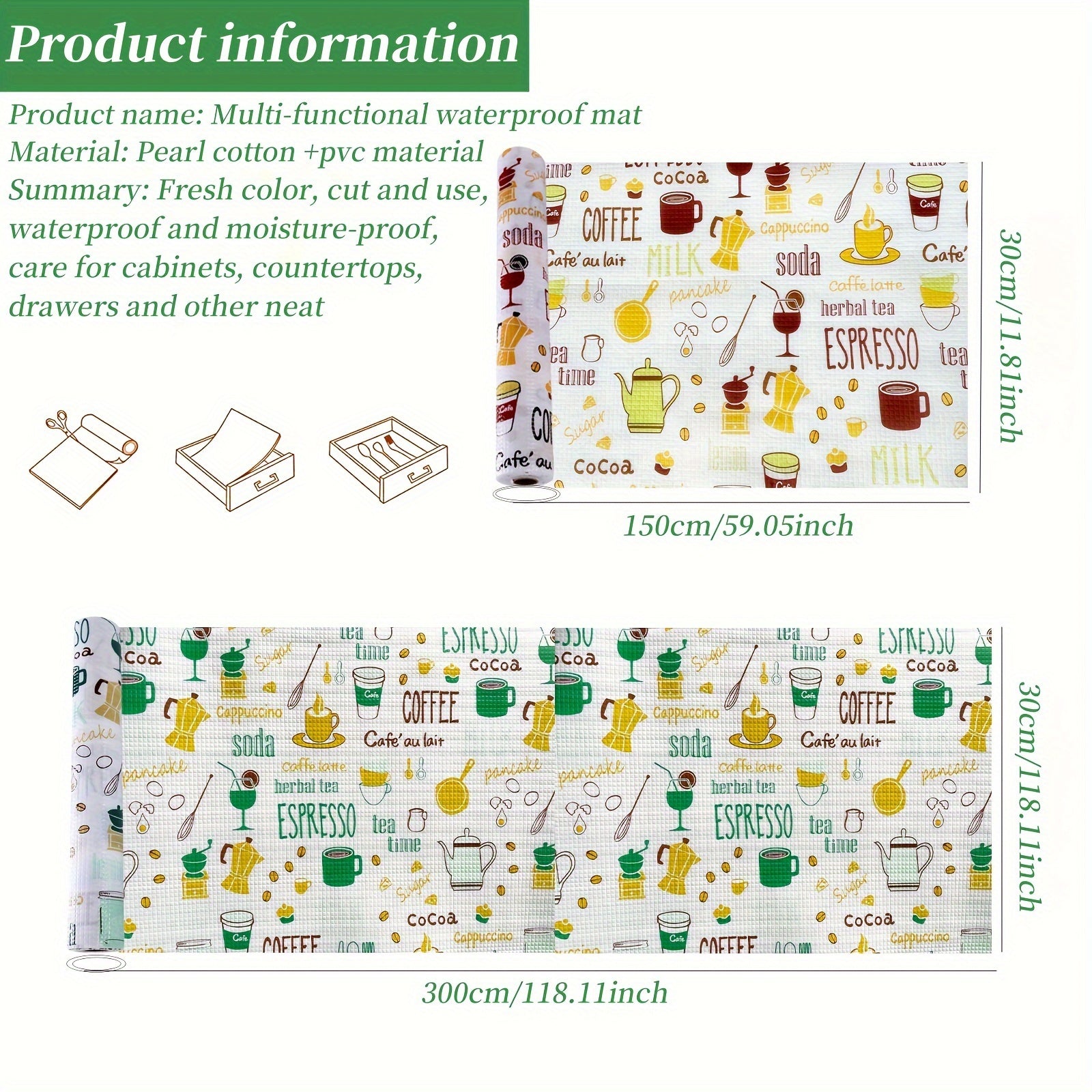 Kabinetlar, stol yuzalari va shkaflar uchun suv o'tkazmaydigan choyshab mato. Poyabzal shkaflari uchun maxsus qog'oz, namlikka chidamli va changga qarshi. Oshxona, muzlatgich va shkaf uchun sirpanmaydigan javon qoplami. Xonani bezash uchun uy jihozlari.