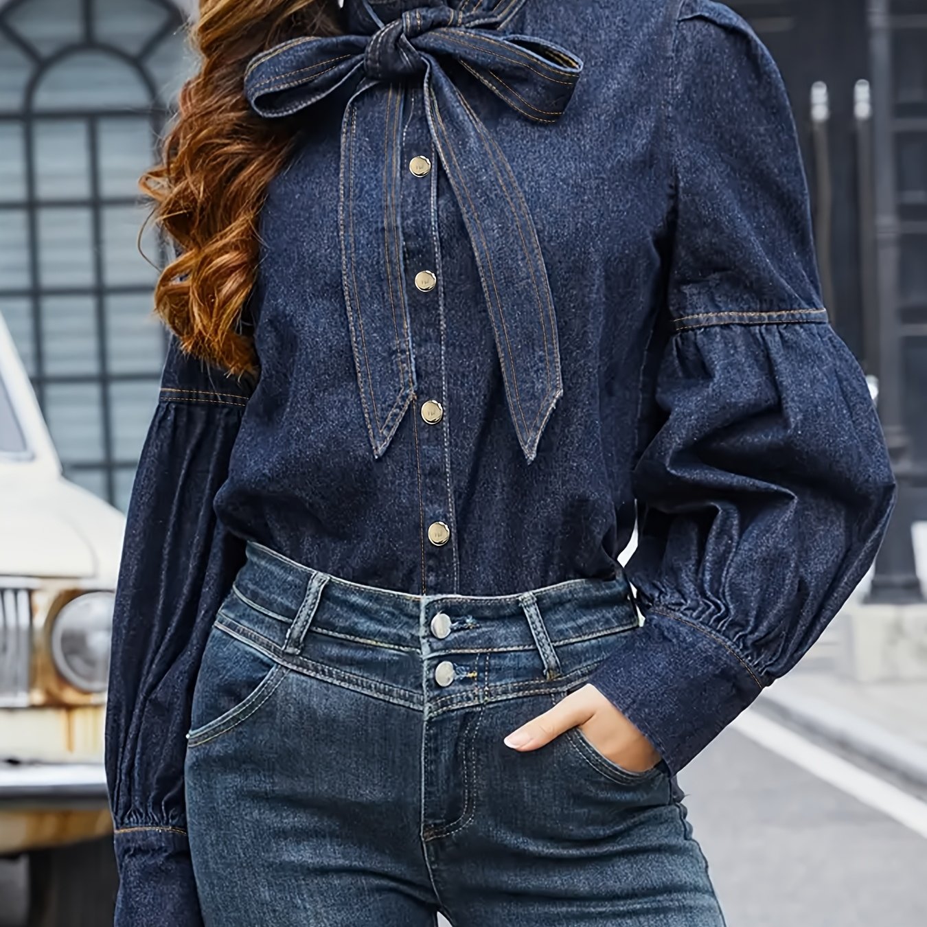 Ayollar uchun denim bluzka, qora ko'k paxta spandeks bilan bow tie lantern qo'llari bilan