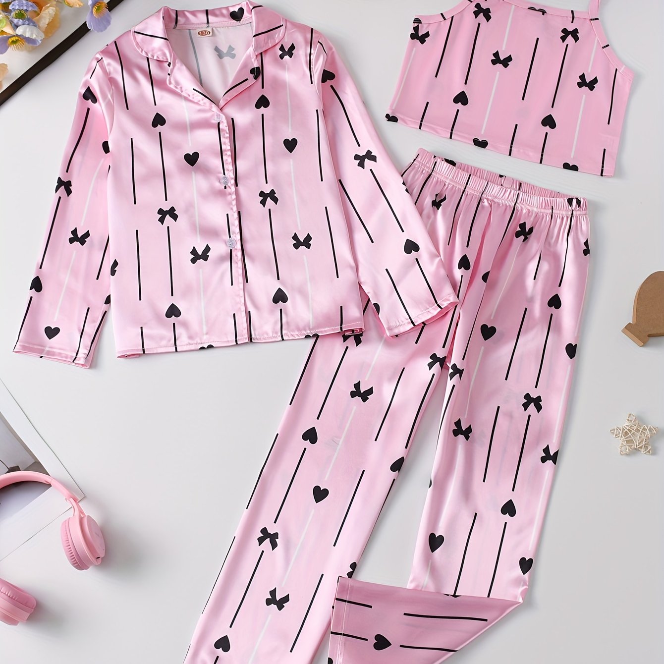 Girls Pajama Set with Heart-Shaped Bow Striped Floral Print Long Sleeve Cotton Casual