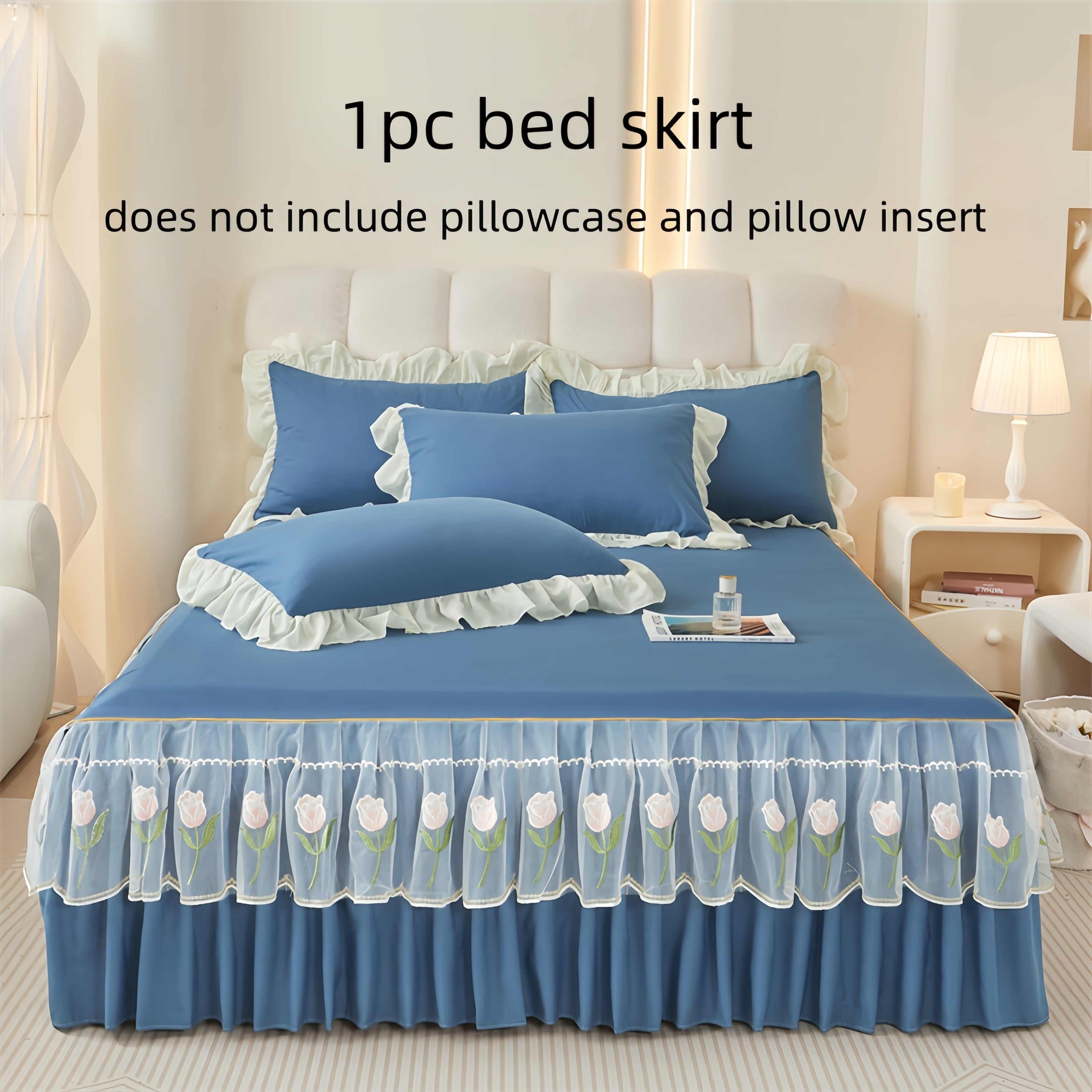 Falda de cama de lujo con borde de encaje y bordado de rosas, lavable a máquina, poliéster suave, fijación antideslizante con cinta