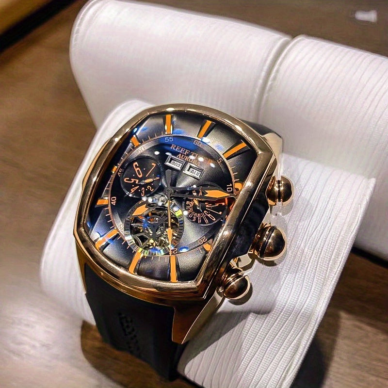 Reef Tiger Lüks Erkaklar Mexanik Tourbillon Soati, ko'k dial, zanglamas po'latdan yasalgan korpus, silikon tasma, kalendar funksiyasi, avtomatik qaytargich, sport dizayni RGA3069, norasmiy foydalanish uchun mos.