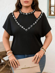 Plus Size ayollar uchun pushti marjon bezatilgan kundalik T-shirt