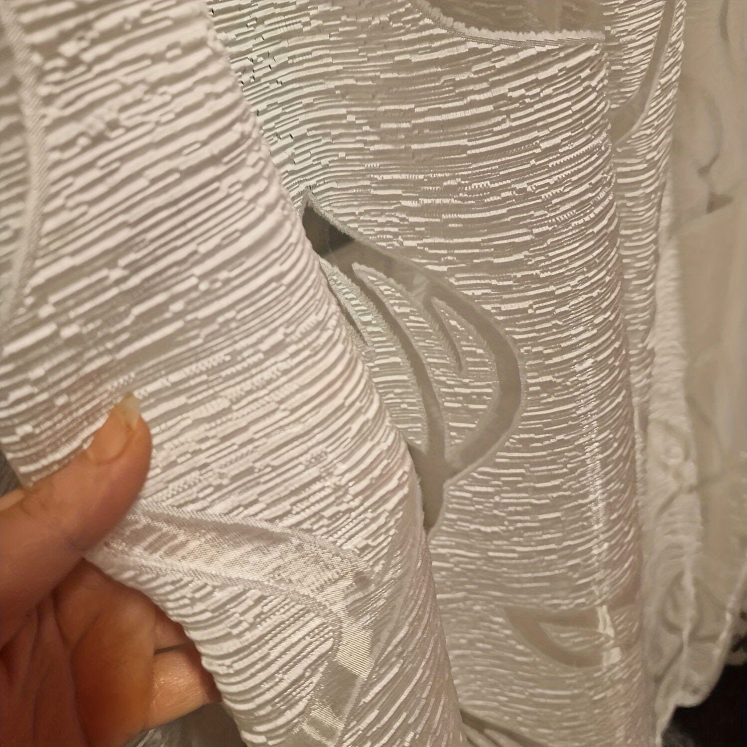 White Sheer Curtain with Leaf Design, Bark Texture Fabric, Rod Pocket Top