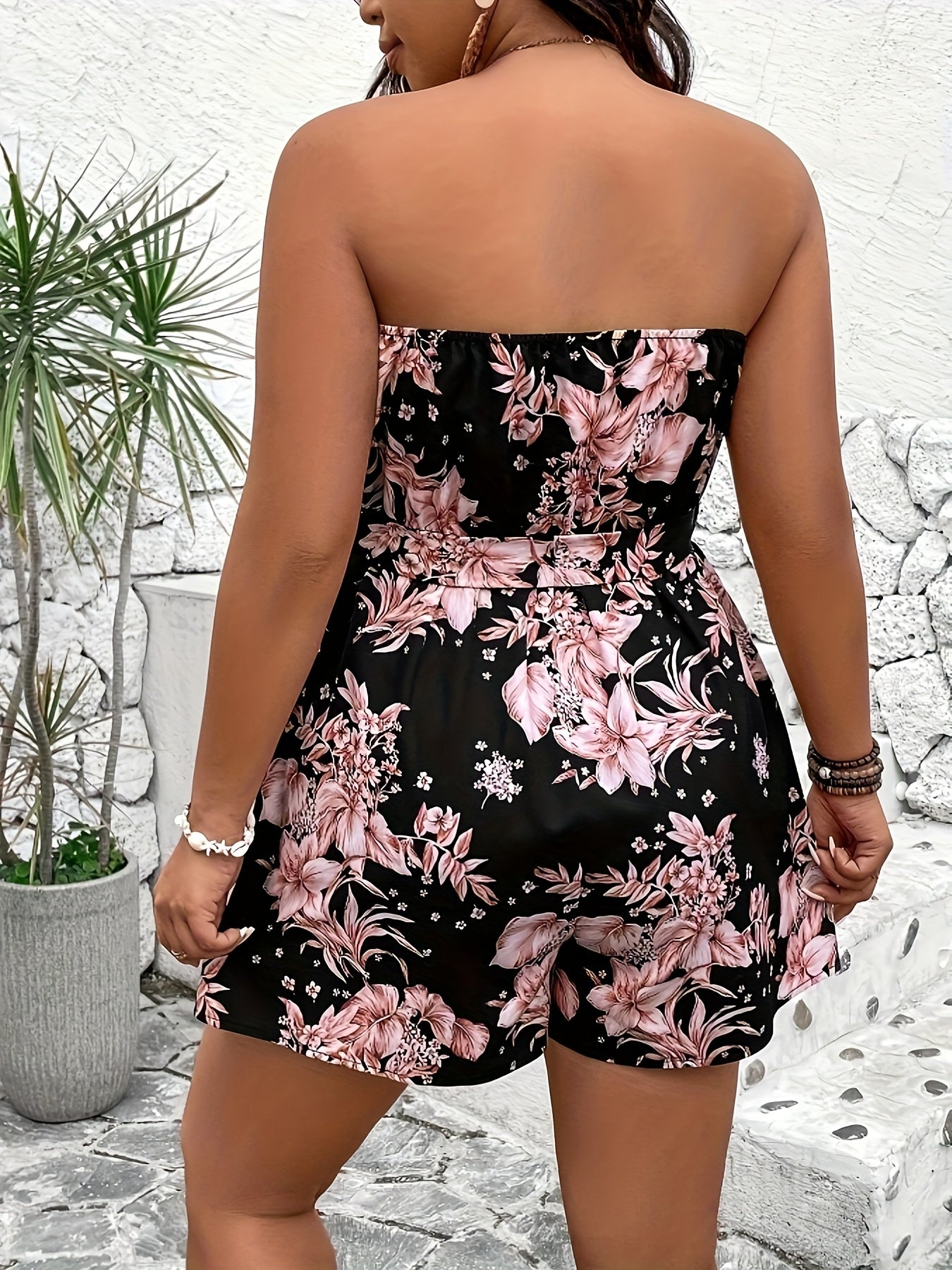 Women's Printed Strapless Jumpsuit with Vacation Pattern