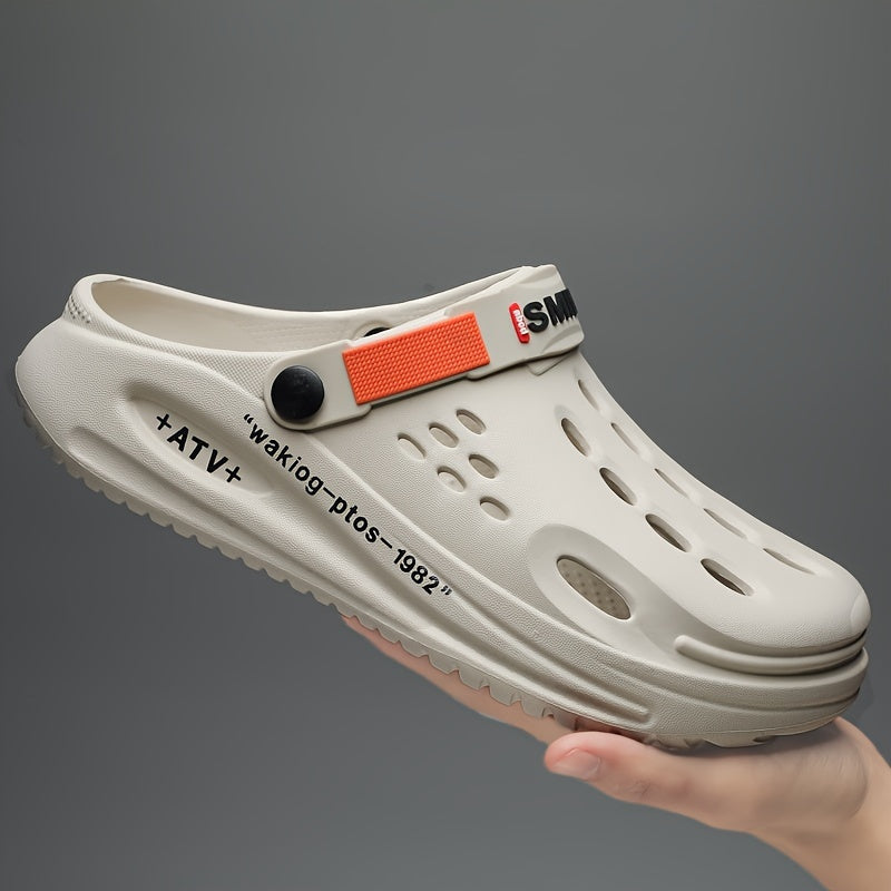 Men's EVA Clogs with Alphabet Design Breathable Slip-On Garden Shoes with Yellow Strap