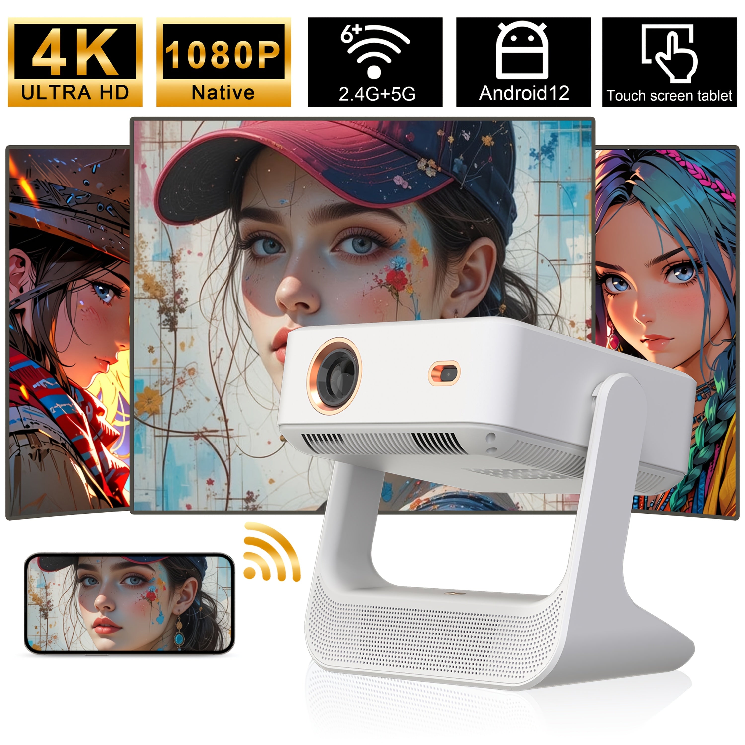 Full HD Portable Smart Projector with Touch Screen 4K Support for Home Use