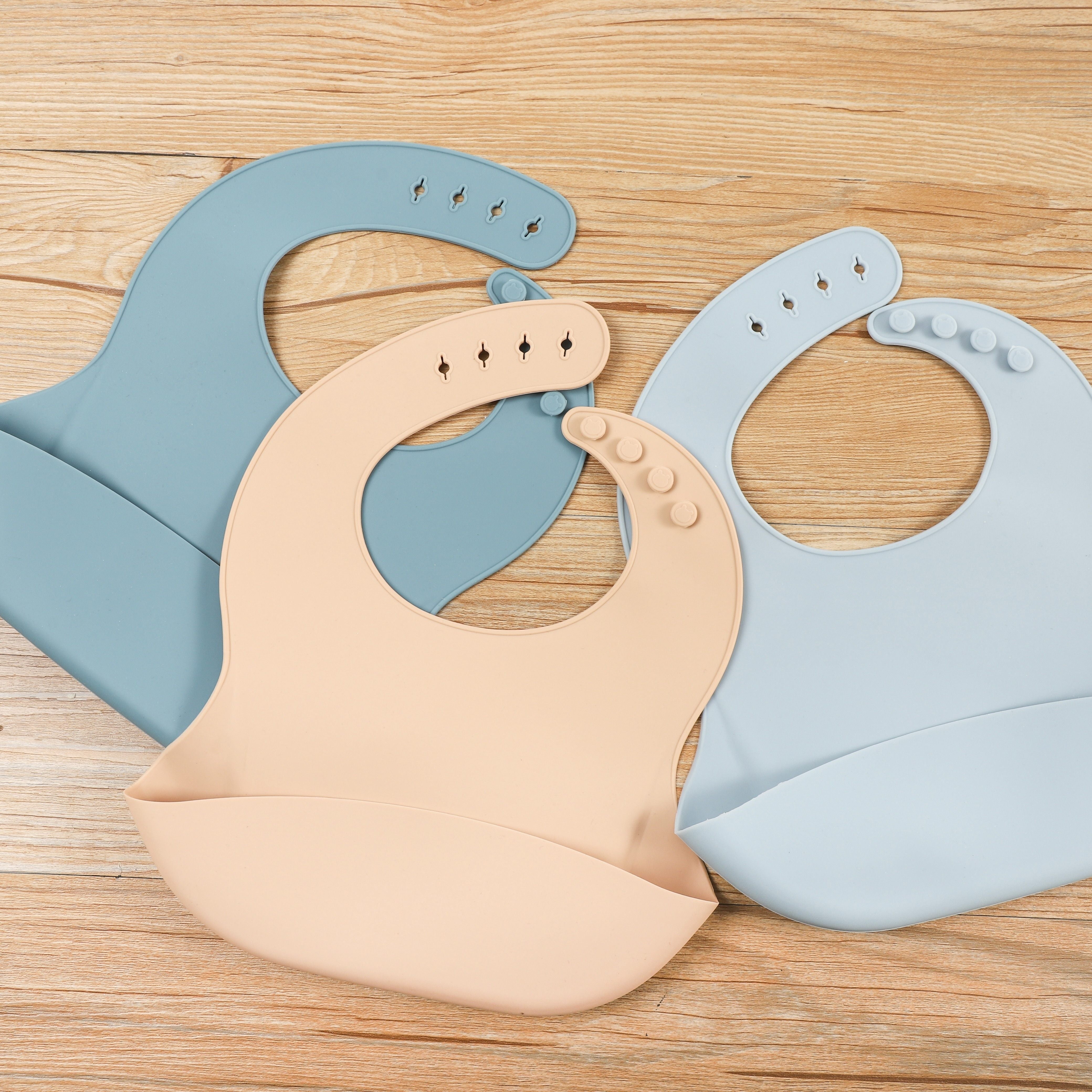 Set of 3 Food Grade Silicone Baby Bibs Neutral Colors for Feeding and Baby Shower Gift