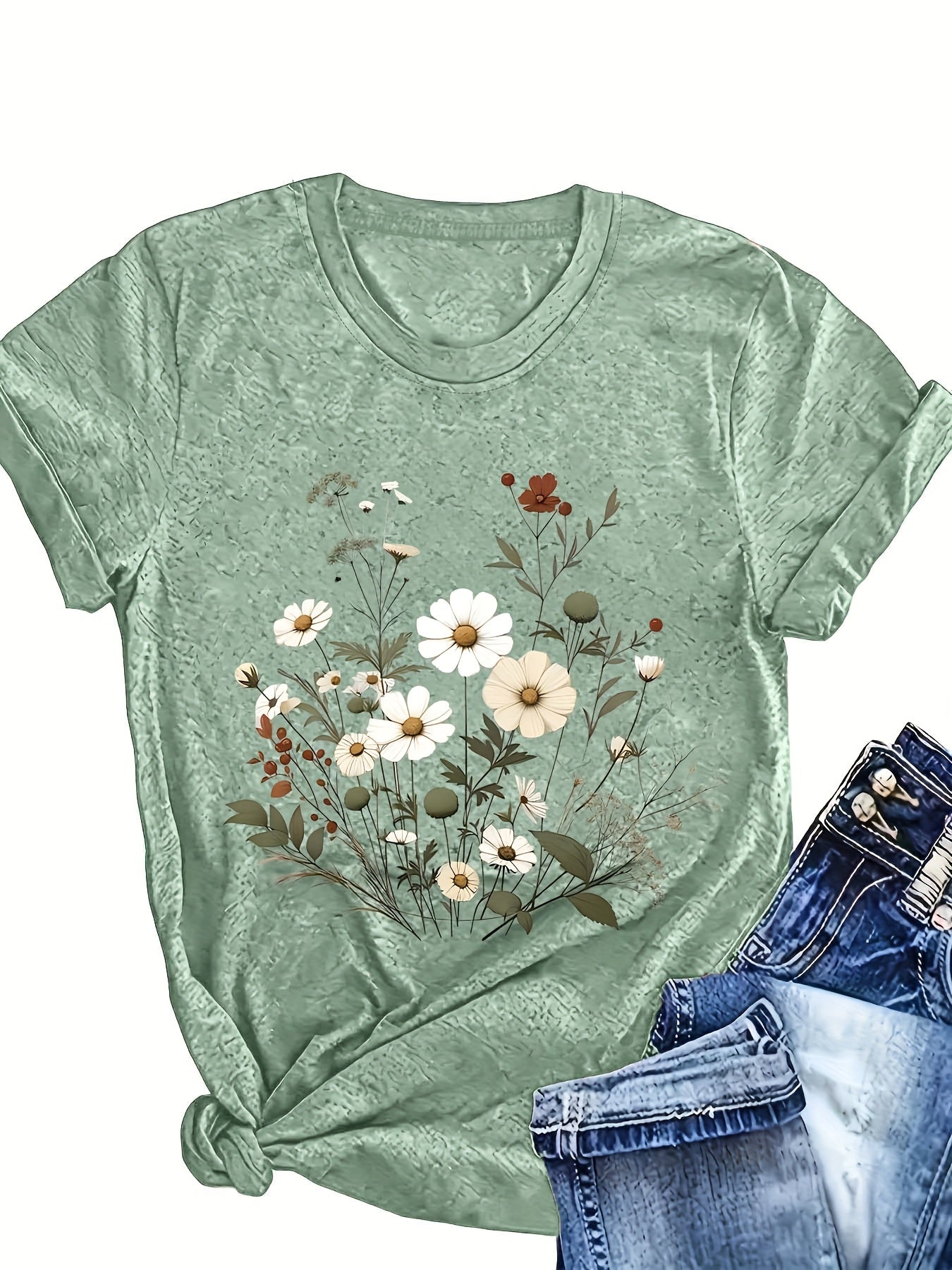 Women’s Floral Print T-Shirt Soft Polyester Round Neck Short Sleeve Summer Top