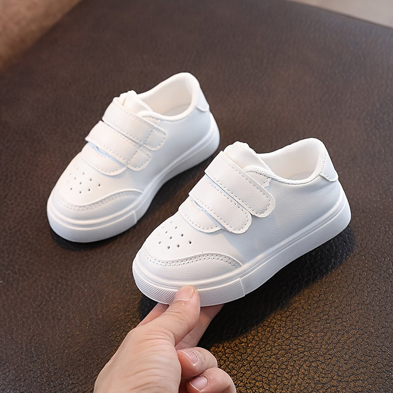 Boys' White Outdoor Walking Shoes with Breathable Soles, Low Top, Hook and Loop