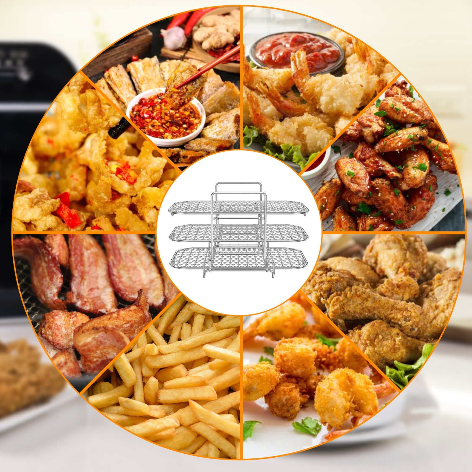 Noxud qotishma 3-qavatli havo fritöre racki, quritish funksiyasi bilan - yig'iladigan, ko'p funksiyali gril racki, ikki savatli havo fritöre pishirish va pishirish uchun