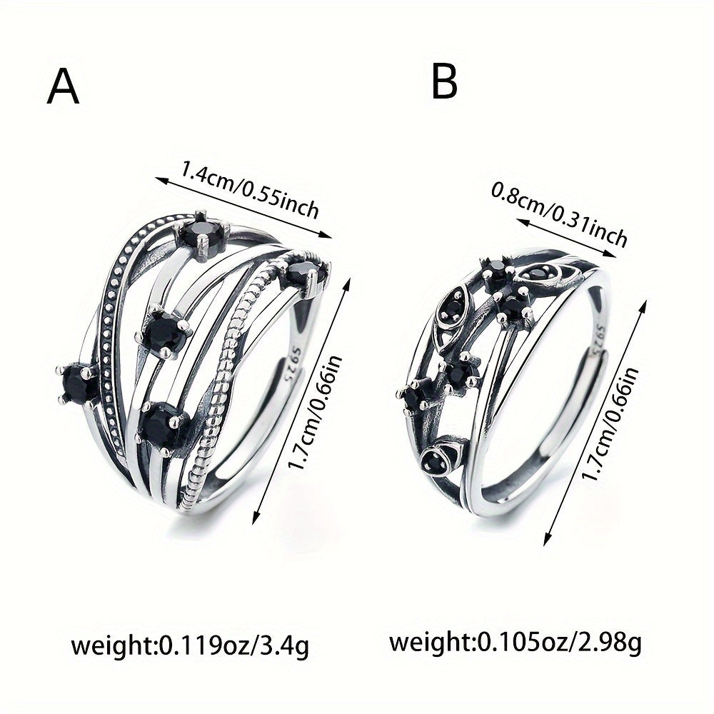 Sterling Silver Adjustable Open Band Multi-Layer Ring with Black Synthetic Zirconia