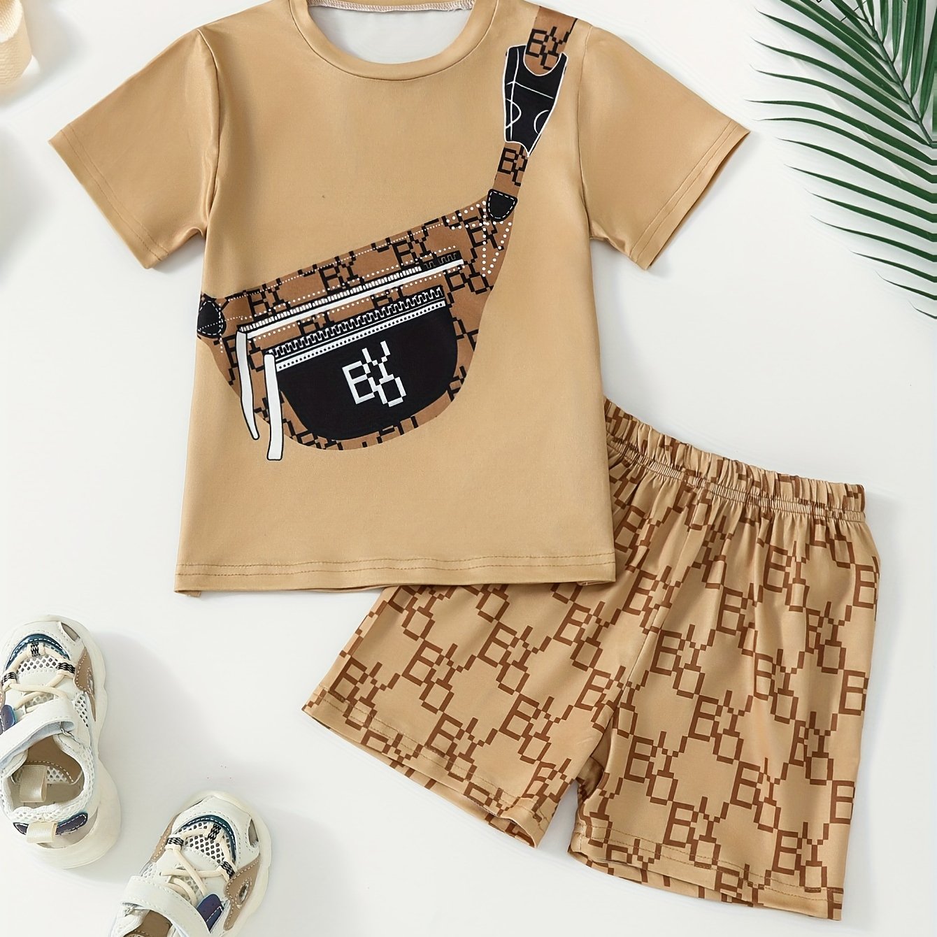 Boys Summer Outfit Set Beige T-Shirt Leopard Print Chest Bag Shorts Casual Polyester