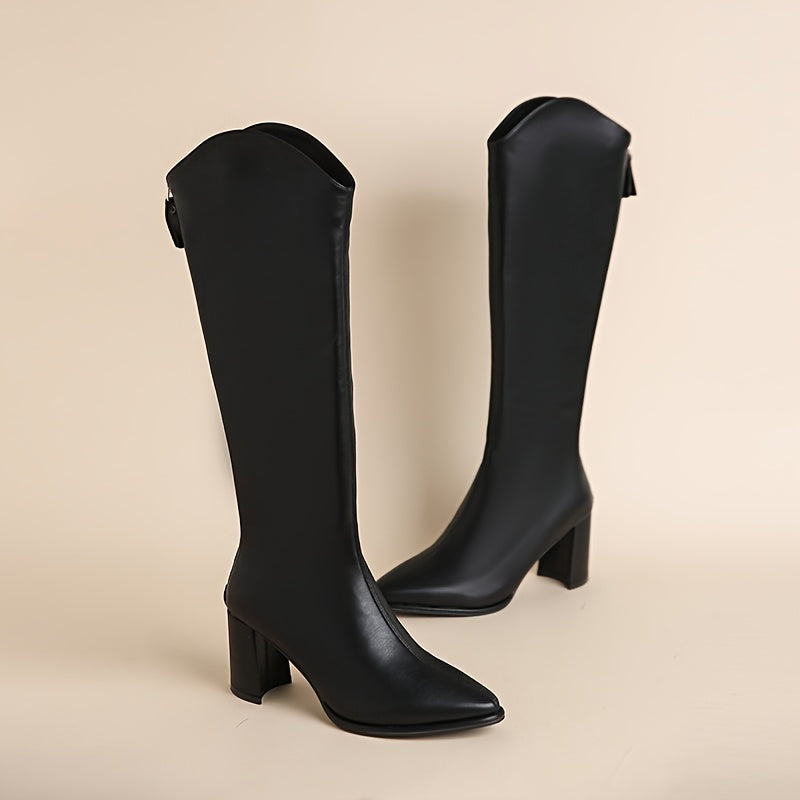 Women Mid-Calf Leather Pointed Toe Boots with Zipper Block Heel