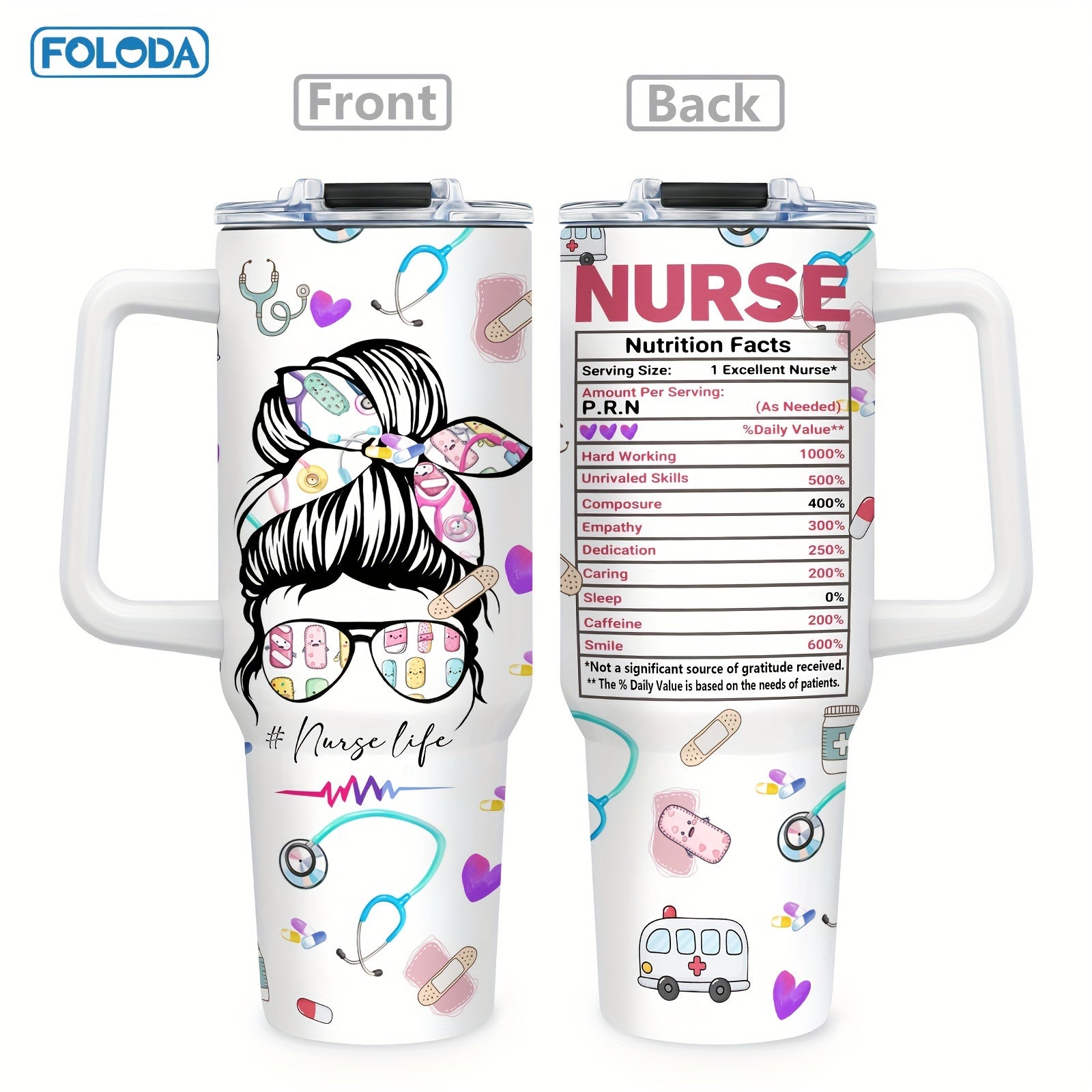 40oz Stainless Steel Travel Mug with Handle Lid Straw Insulated for Nurses and Graduations