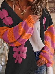 Suéter de talla grande, de corte holgado, con estampado floral, rayas y mangas largas