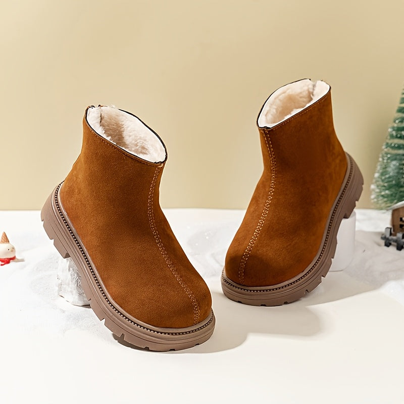 Kids Winter Ankle Boots with Plush Lining, Brown Fabric, Side Zipper, Casual Snow Booties
