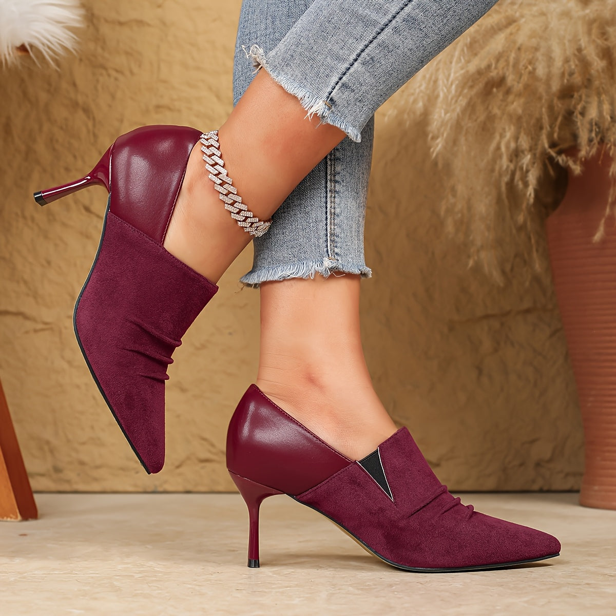 Women Black Pointed Toe Stiletto Ankle Boots High Heel Slip-On