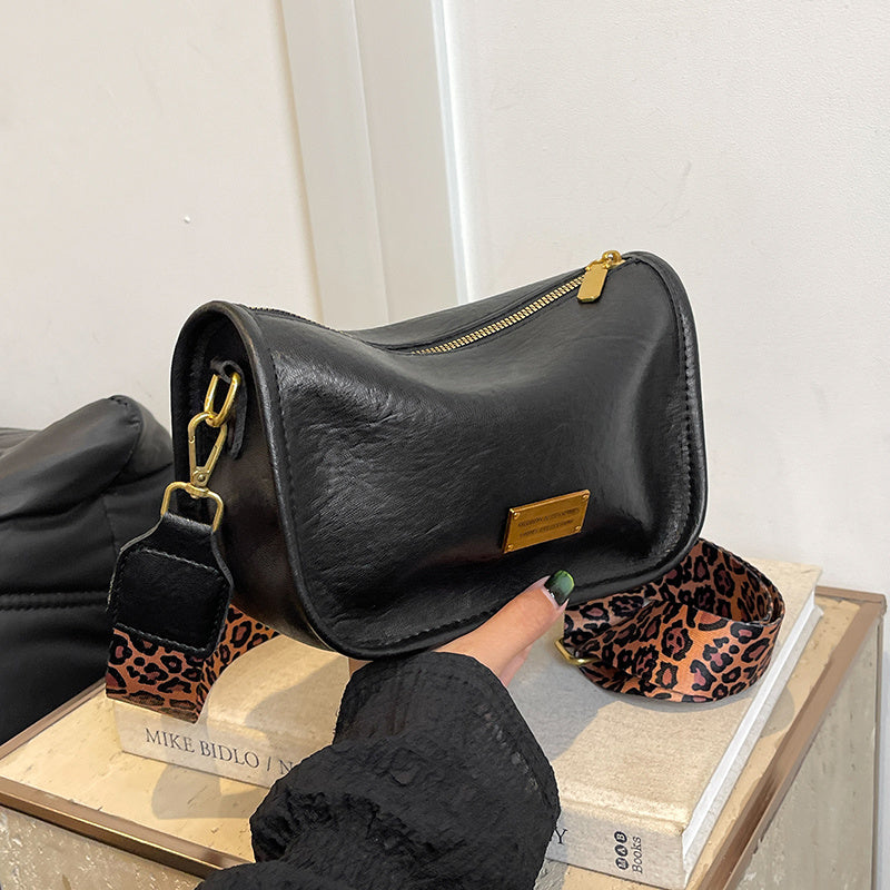 Women's Shoulder Bag with Adjustable Leopard Print Strap Zipper Closure Edge Paint Detail